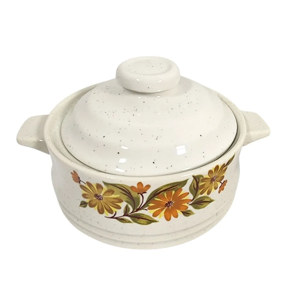 Vintage Bake Serve Store Stoneware Casserole‎ Dish Lid Floral Yellow Flower